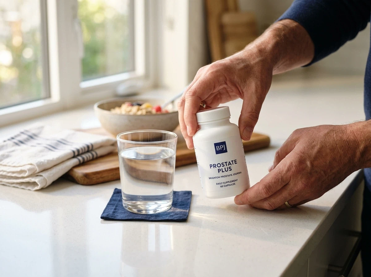 Handen plaatsen Alpha Drive fles naast een glas water op een keukentafel